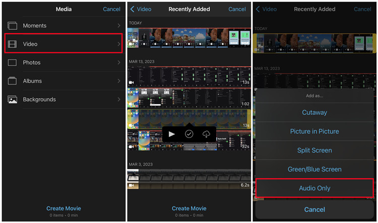 add video audio only to imovie project